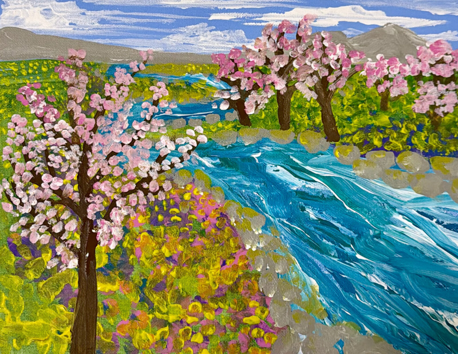 Joyful Sakura Spring, acrylic on canvas, 8" x 10", 2026.