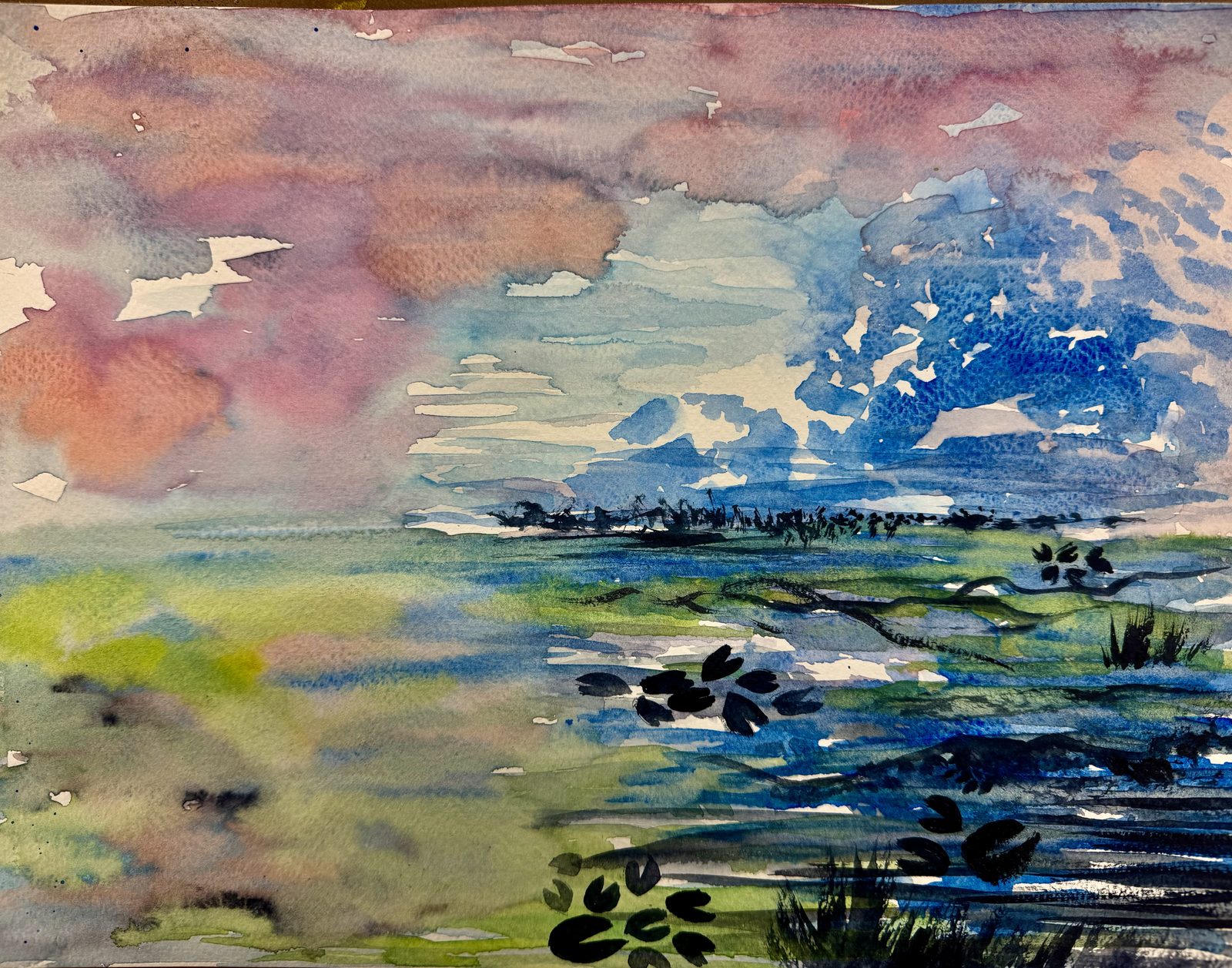 Evening Lakeshore, watercolor on paper, 8"x10", 2026.